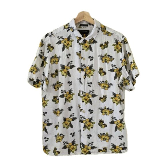Banana Republic Shirt Mens L White Yellow Print Hawaiian SS Floral Camp Collar - Picture 1 of 14